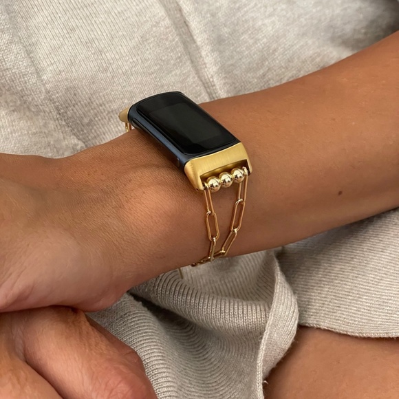 14k Gold Paperclip Chain Fitbit Charge 5 Band Women Fashion Jewelry Bracelet - Picture 5 of 6